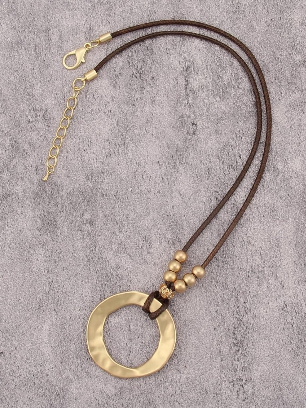 Anthropologie Gold Hammered Ring Pendant Necklace on Brown Cord - Picture 6 of 9